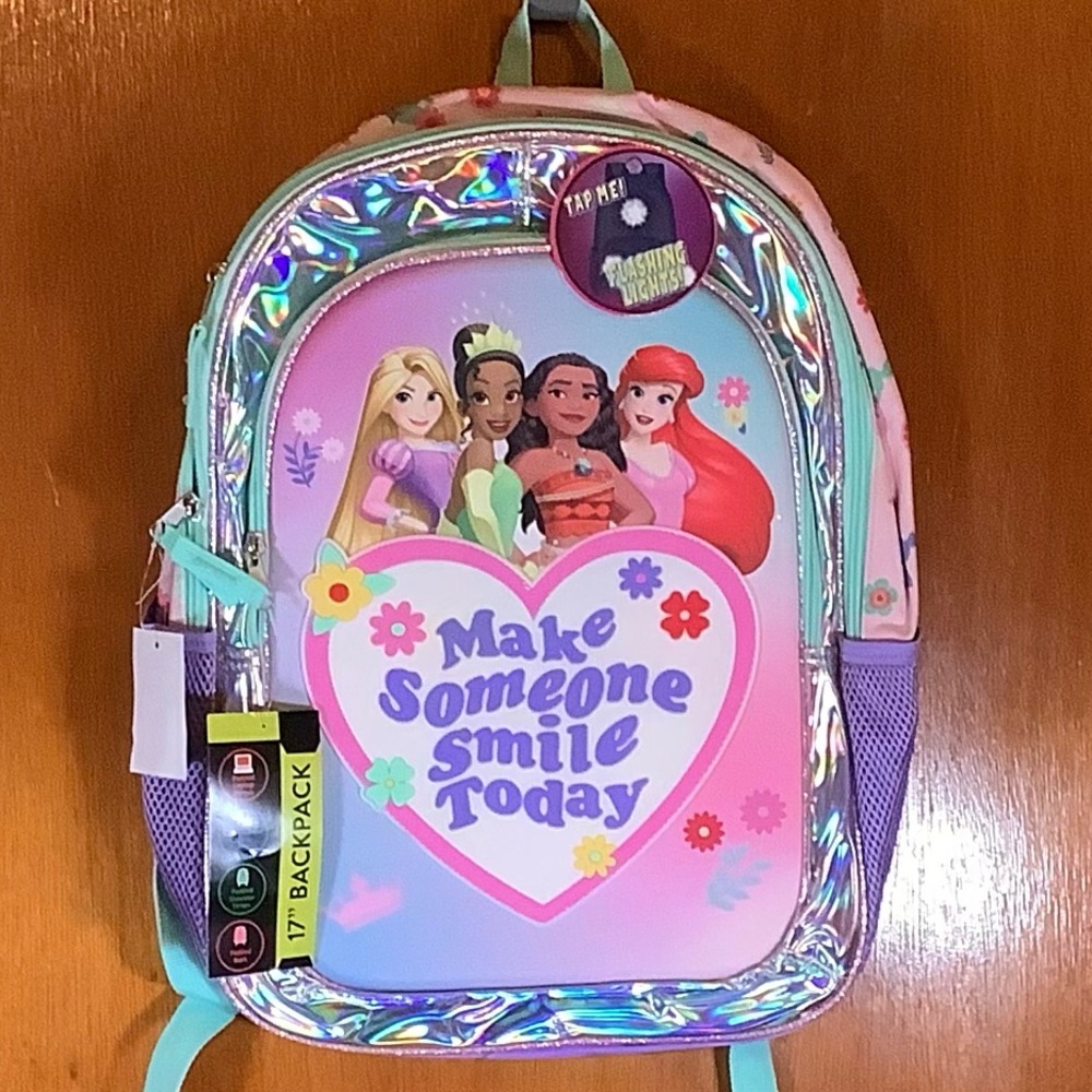 New Disney Princess 17” Purple & Pink Backpack Heart Design flashing lights